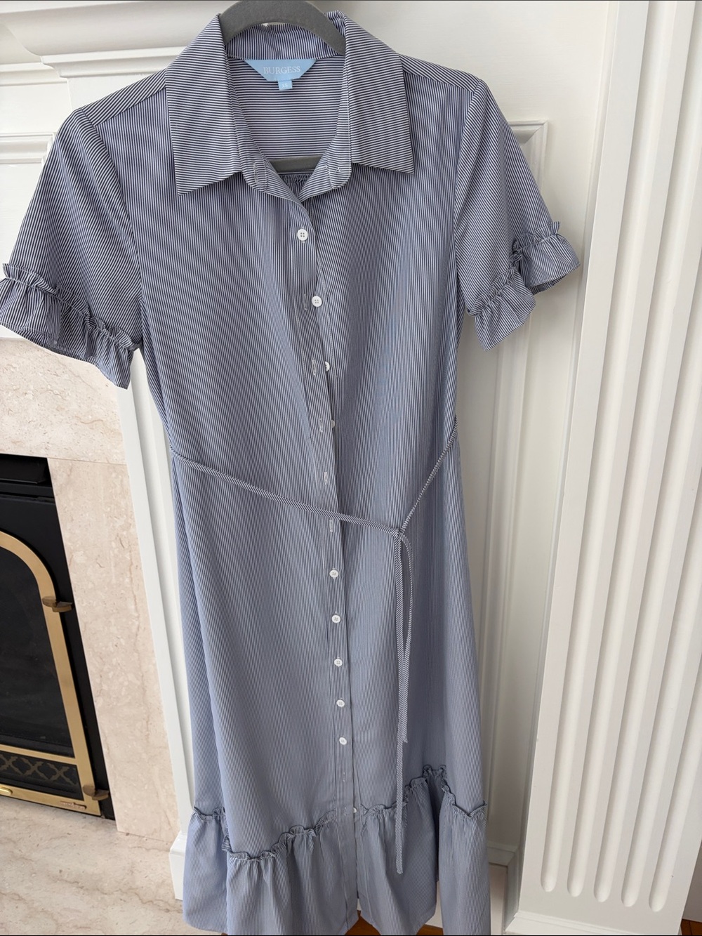 Urge Light Blue Pinstripe Midi Shirt Dress with Ruffle Sleeves and Tie Waist